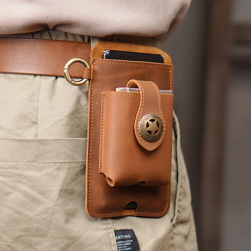 100% Genuine Leather Waist Cellphone Bag For Men Vintage Small Outdoor Loop Belt Phone Holster Pouch Holder With Cigarette Case images - 6
