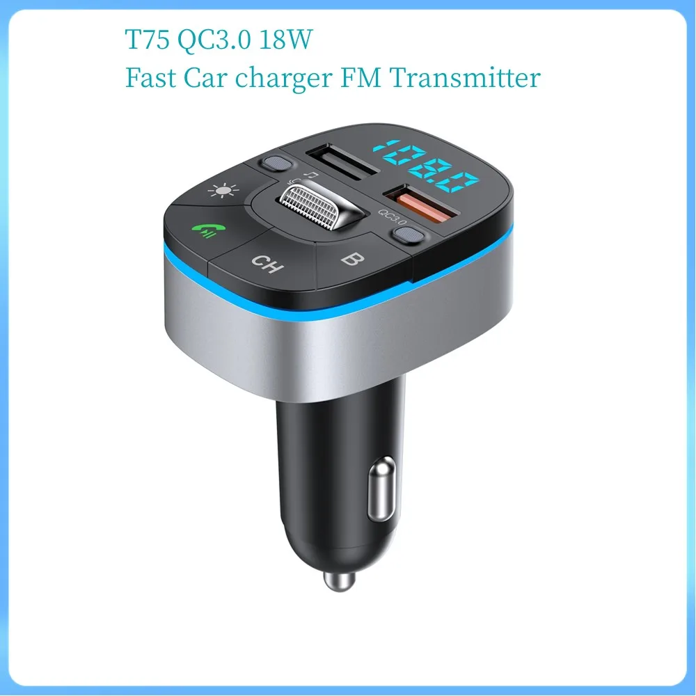 

T75 Fast Car charger FM Transmitter Wireless 5.0 Bluetooth Hands free MP3 Player QC3.0 USB LED Light
