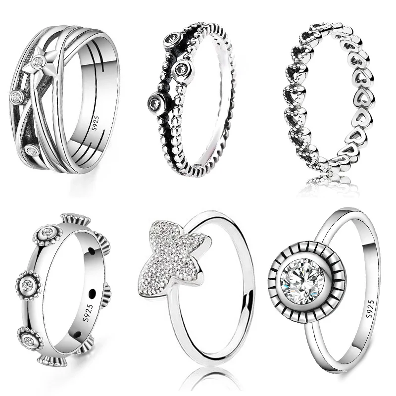

925 Sterling Silver Rings With Sparkling Hollow Love Heart Wishbone Butterfly Crystal Ring For Women Wedding Party Jewelry