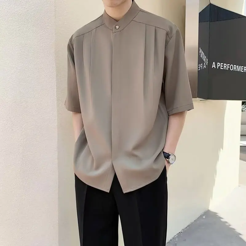 

Round Neck Temperament Man Simplicity Shirts Solid Color Short Sleeve Handsome Button Korean Fashion Casual Men's Clothing 2023