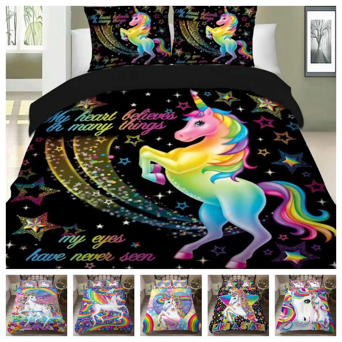 

Комплект постельного белья детский, цифровая 3D-печать единорога, 2/3 предмета