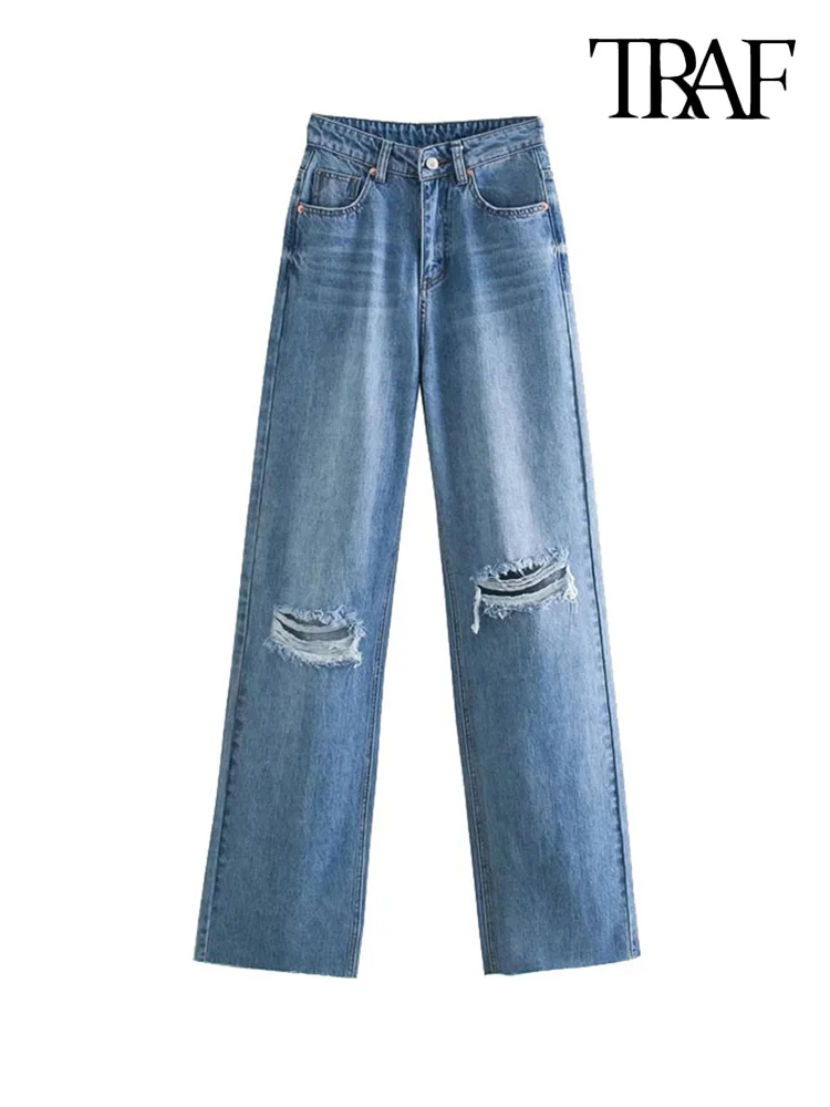 TRAF Women Chic Fashion Ripped Hole Wide Leg Jeans Vintage High Waist Zipper Fly Denim Pants Female Trousers Mujer
