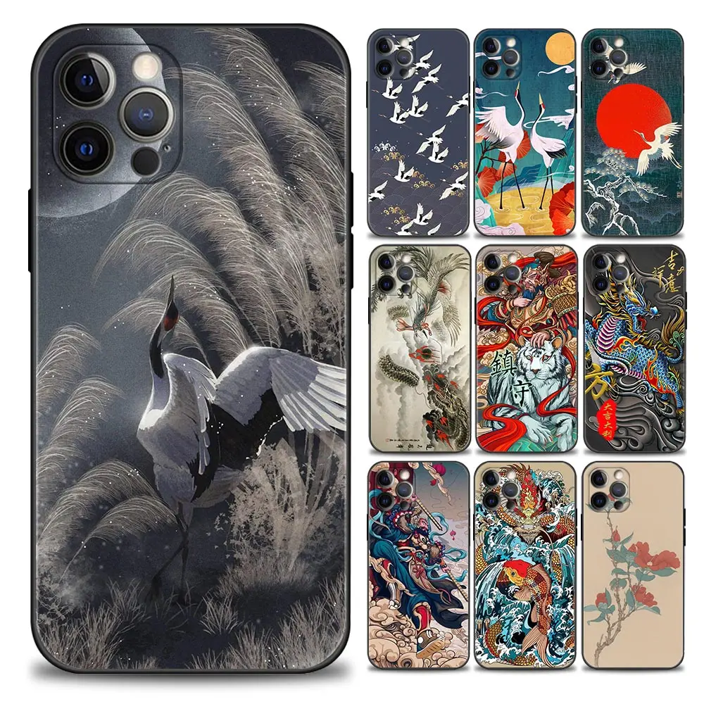 

Chinese Style Crane iPhone Case for 11 12 13 Pro Max 7 8 SE XR XS Max 5 5s 6 6s Plus Black Soft Silicon