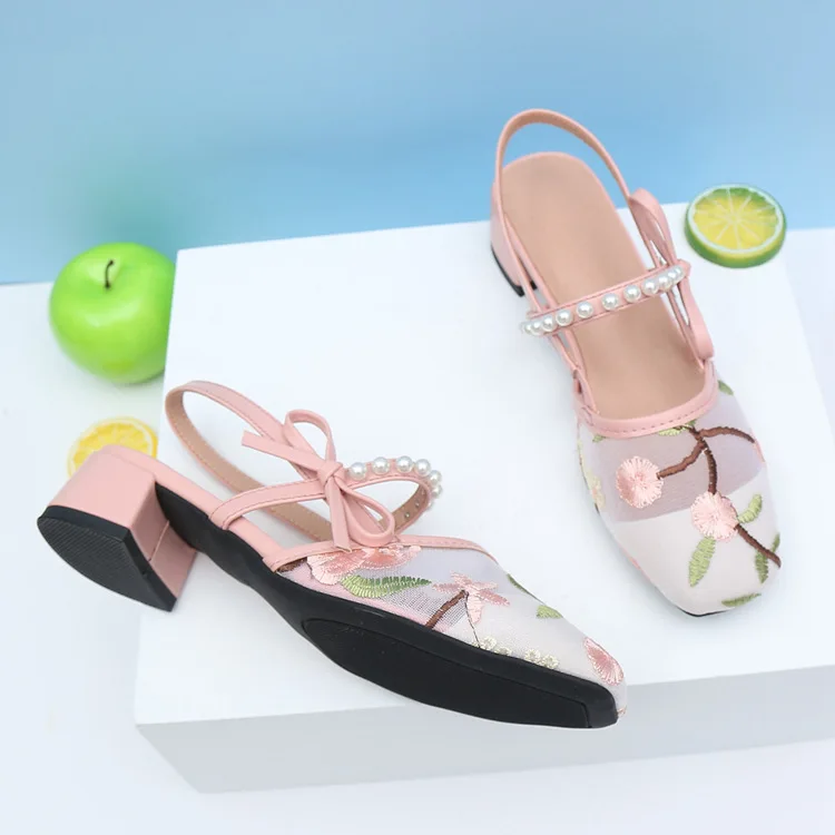 

Сандалии женские с круглым носком, низкий каблук, низкий каблук, эластичная лента с закрытым носком, удобная повседневная обувь с жемчугом в...