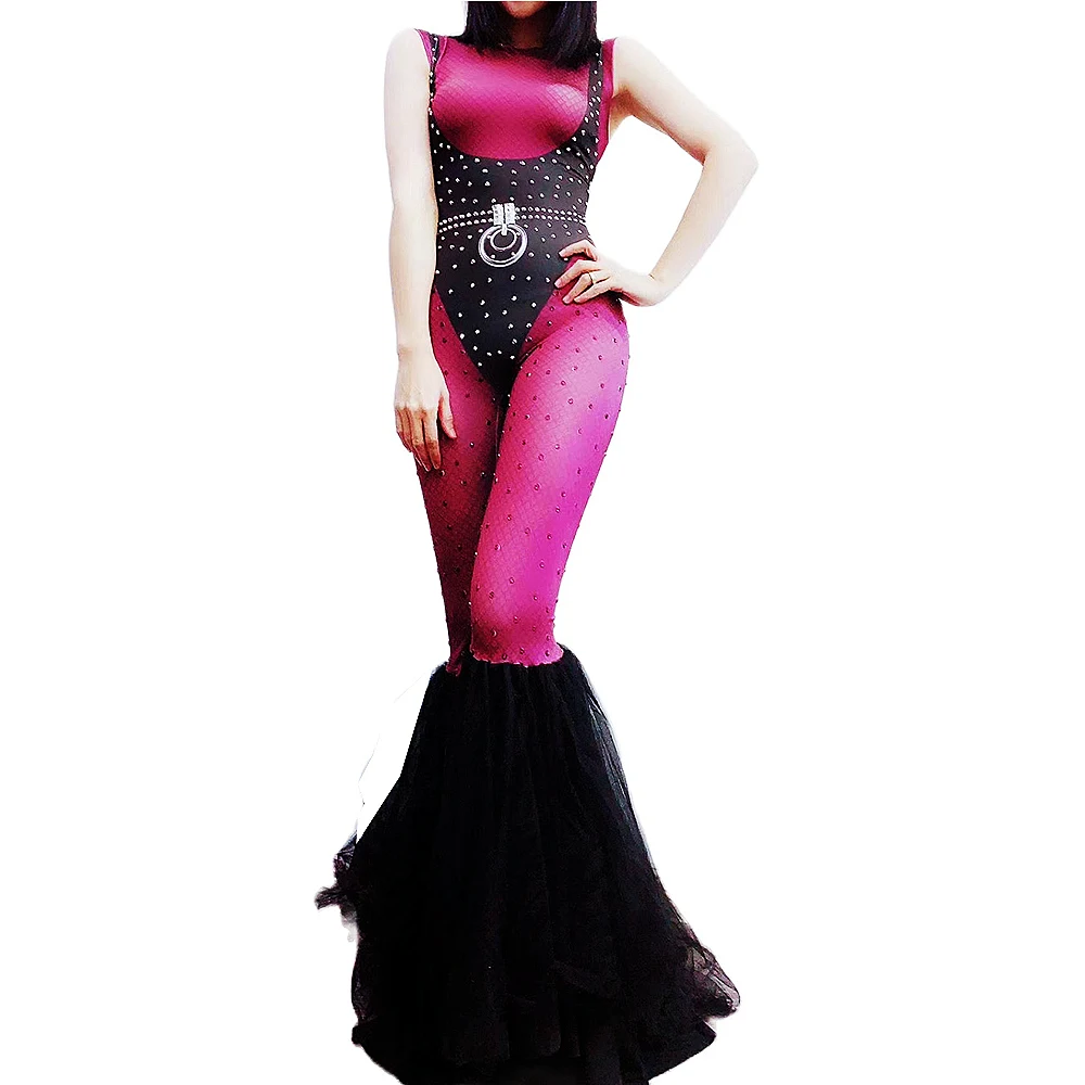 

Rose Red Backless Shiny Diamonds Black Voile Tailing Trouser Legs Women Romper Party Show Dancer Performance Costumes