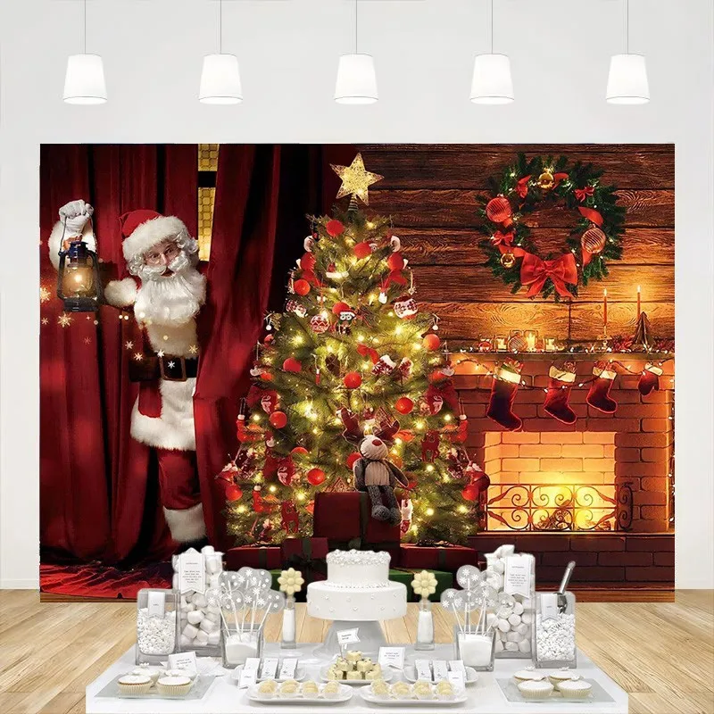

Christmas Photography Backdrop Santa Claus Winter Tree Fireplace Background Holiday Theme Party Decoration Banner Studio Props