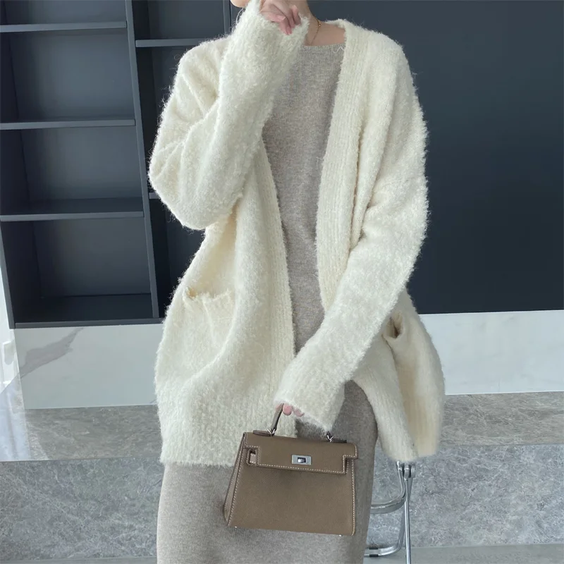 Autumn and Winter Women's Casual Solid Color V-Neck Long-Sleeve Pocket Decorative Loose Cardigan Sweater