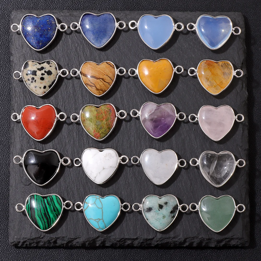5PCS 15MM Natural Stone Pendant Connector Silver-colored Heart Shape Agates Malachite Crystal Beads Charms for Jewelry Making