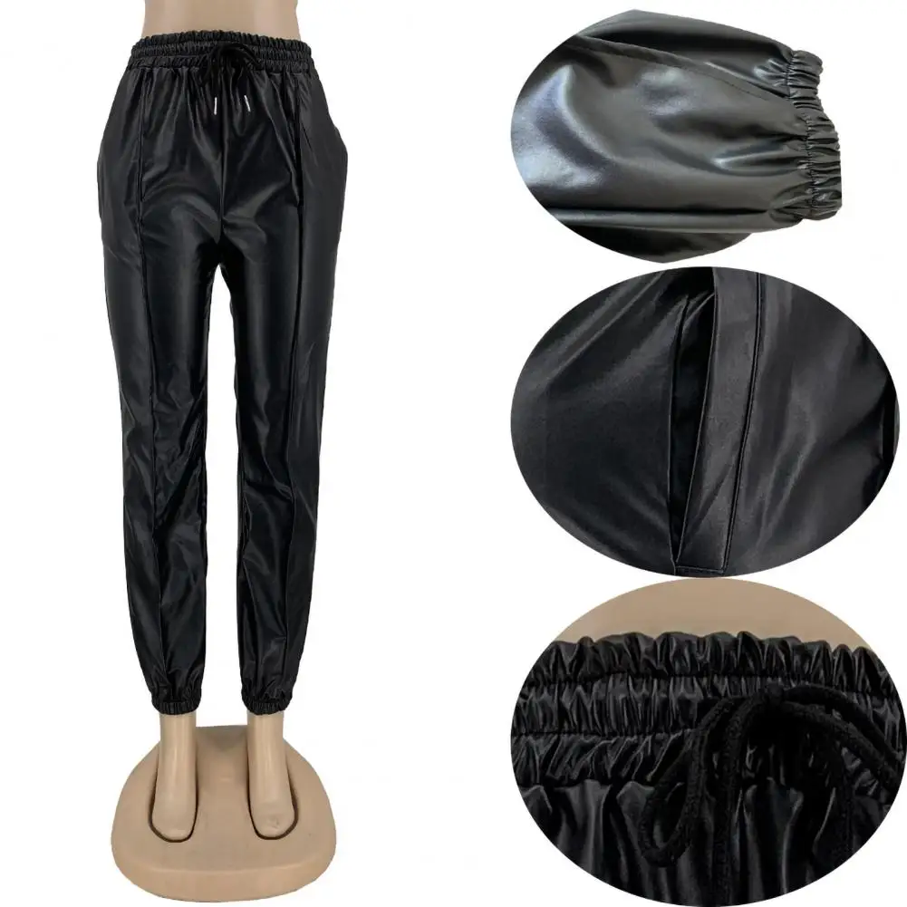 

Women Pants Solid Color Smooth Faux Leather Loose Spring Trousers for Daily Wear