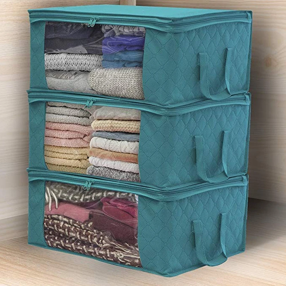 Clothing storage box organizer clothes Storage Bag Clear Window Zipper Non Woven Fabric Clothes Organizer Basket With Handles