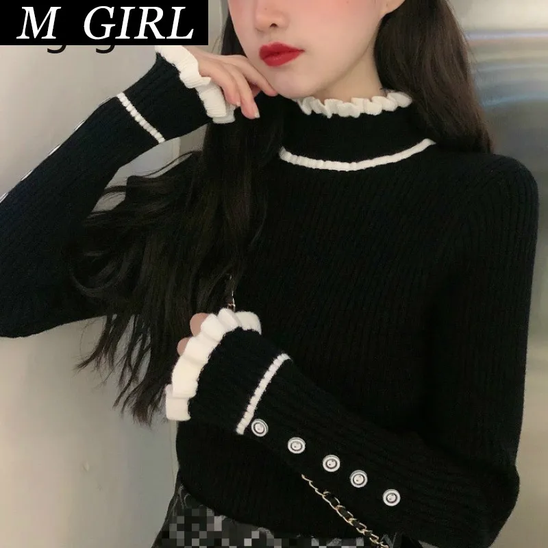 M GIRLS Basic Sweater Pullover Women Winter 2020 Korean Turtleneck Vintage Patchwork Ruffles Button Sweet Base Knit Tops Fashion
