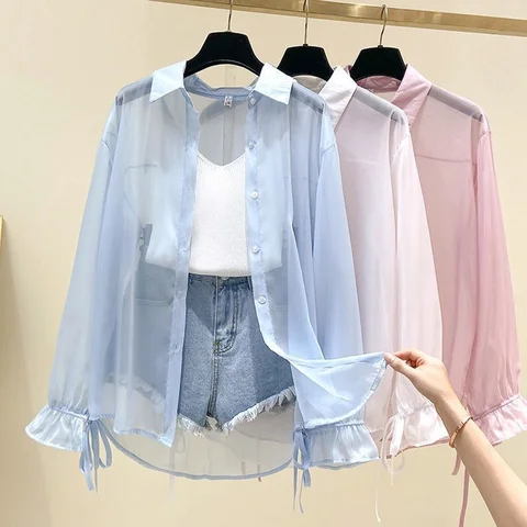 Shirts Women Sun-proof Thin Summer Transparent Fashion Casual Ulzzang Retro Sweet Cool Streetwear Holiday All-match Beach Young