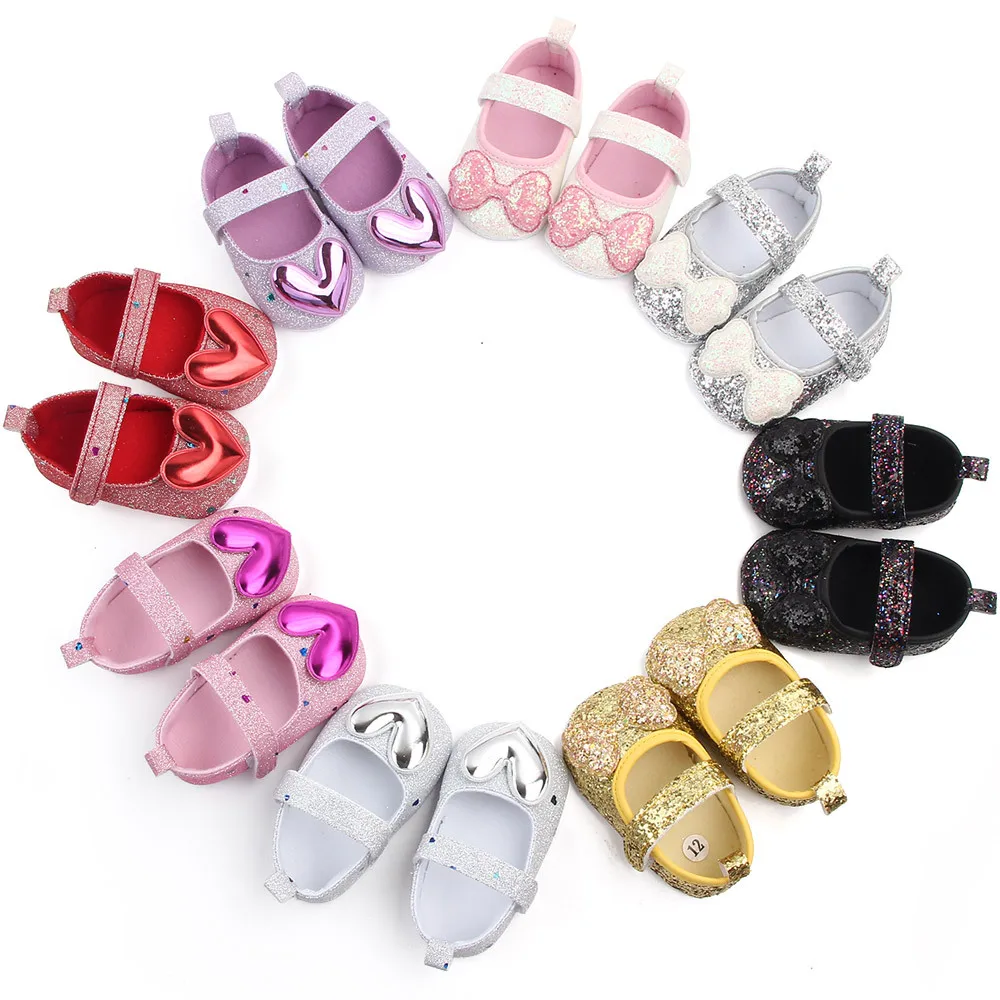 

New Baby Shoes Cute Shiny Heart Bows Princess Baby Girl Shoes Cotton Newborn Bling Shoes for Girls Toddler Infant First Walkers