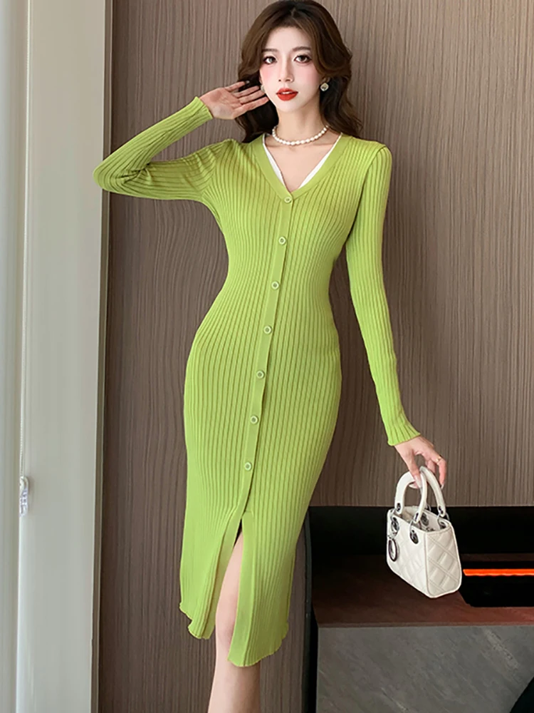

Женское трикотажное платье-кардиган, зеленое однобортное облегающее платье из двух предметов в Корейском стиле, Осень-зима 2023