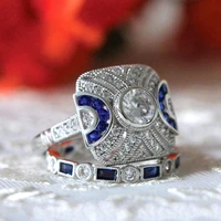 new luxury trendy 2 pcs sets hollow out palace rings for women shine blue white cz stone inlay fashion jewelry party gift ring