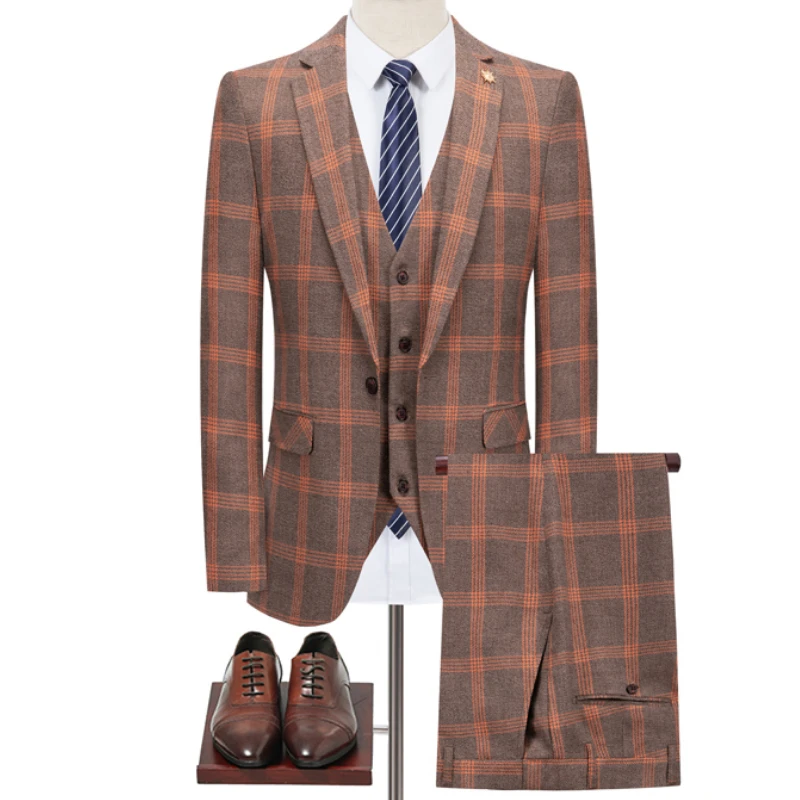 

(Jacket+Vest+Pants) Men Business Formal Slim Fit Wedding Prom Suits Male Boutique Plaid Design Groom Dress Blazers 3 Pieces Set