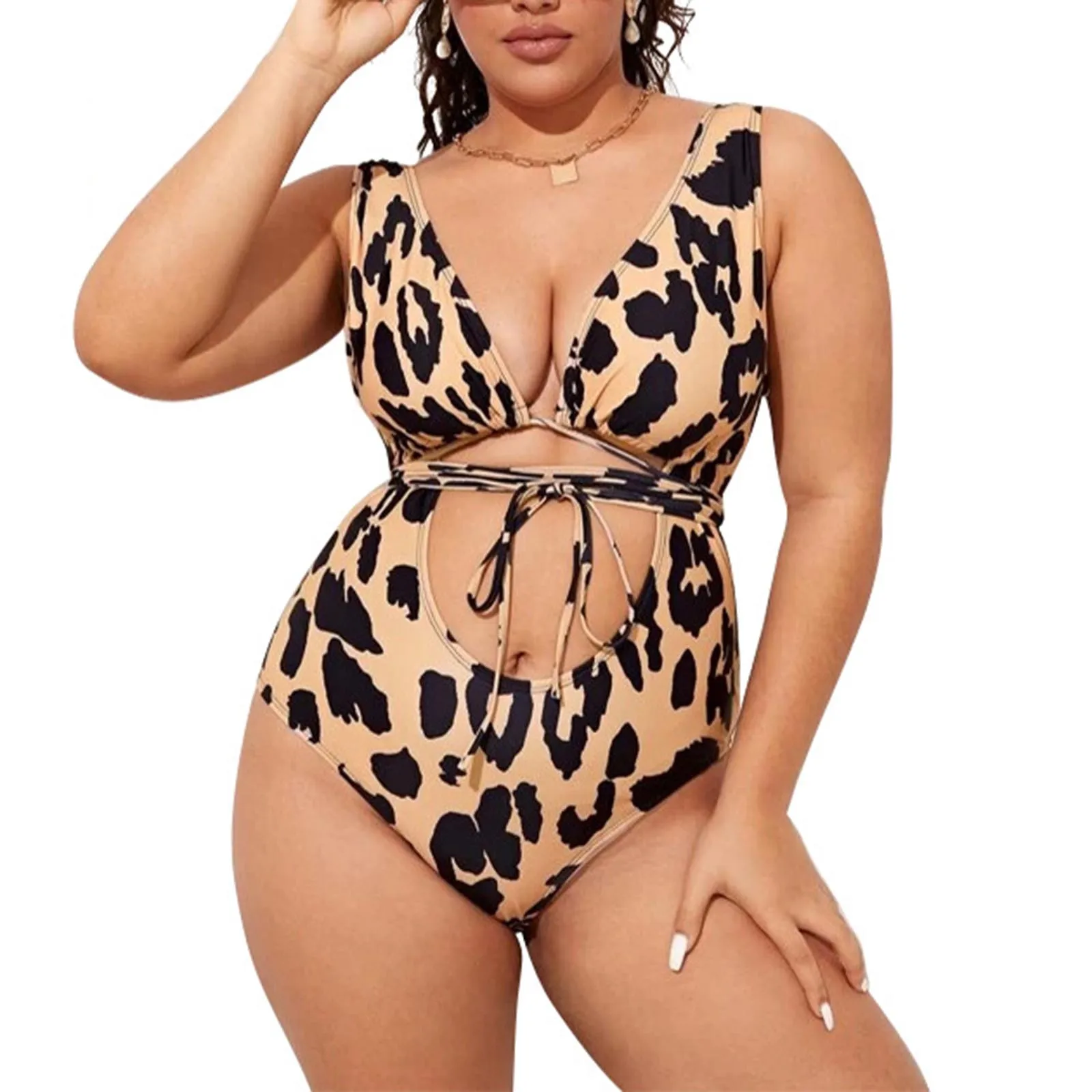 

Women Bikini, Sleeveless V Neck Cutout Leopard Print Swimming Summer Beach Romper Swimwear