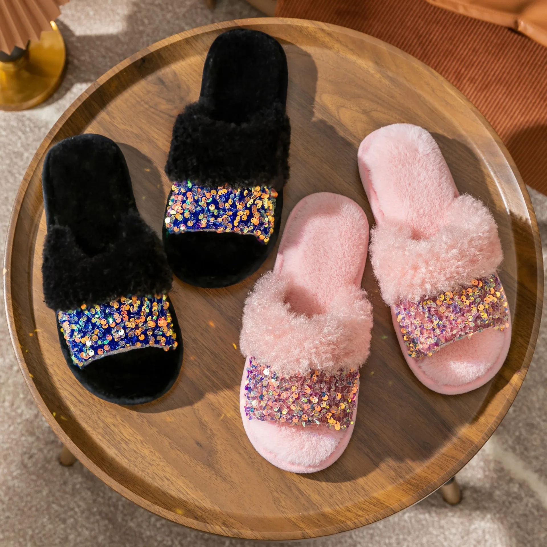 Sequin Cotton Slippers Women Fashion Plush Slippers Home Slippers Shoes for Women Comfortable Fashion Warm Slippers
