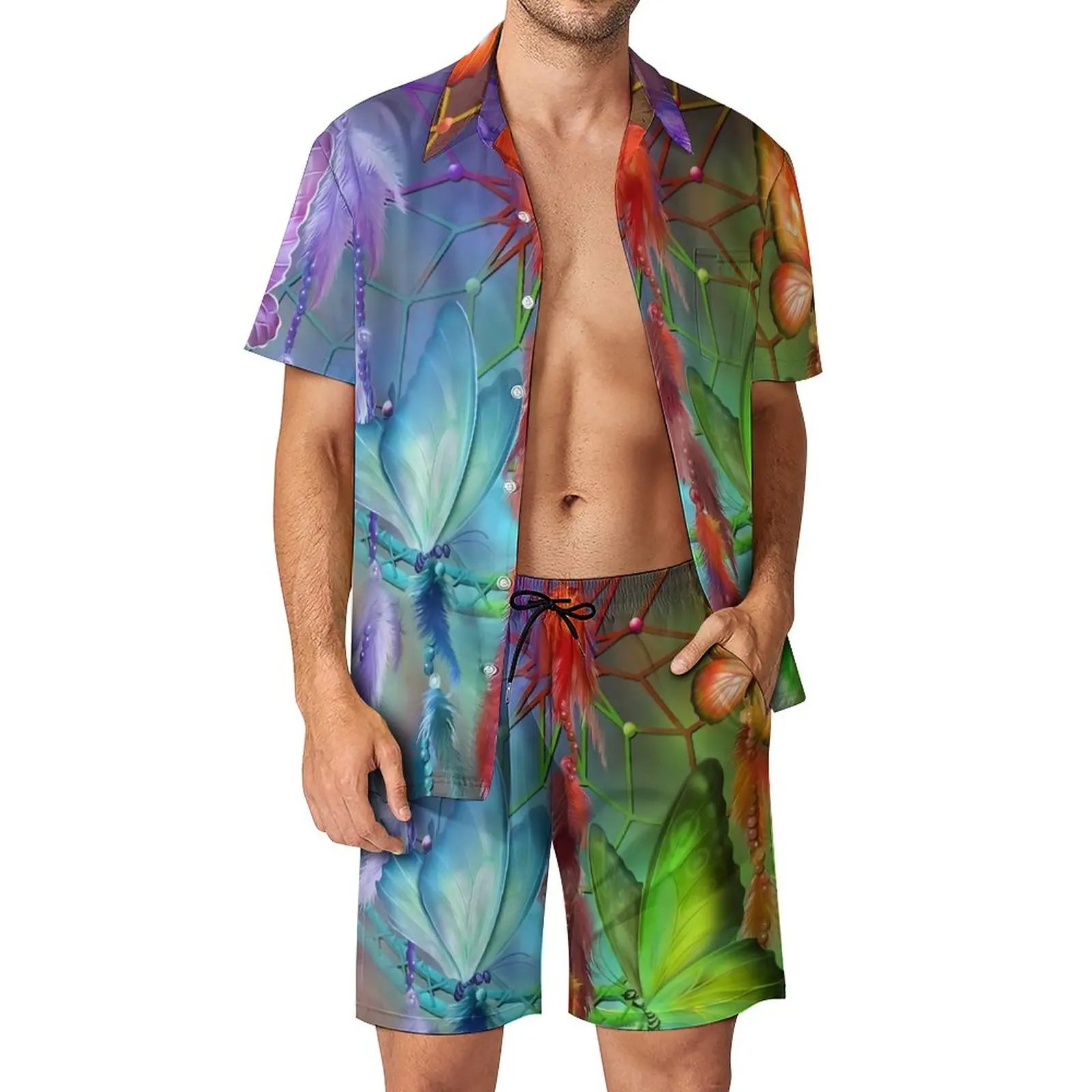 

Мужские комплекты «Ловец снов», Забавный повседневный комплект рубашки, шорты с коротким рукавом, летний уличный костюм