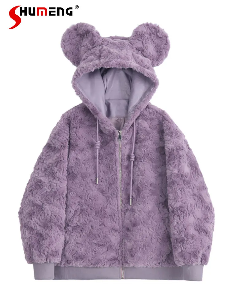 Cute Girls Hooded Imitate Rex Rabbit Fur Purple Faux Fur Coat Female Loose Cute Ear Furry Fur Clothing Faux Fur Cardigan Luxury