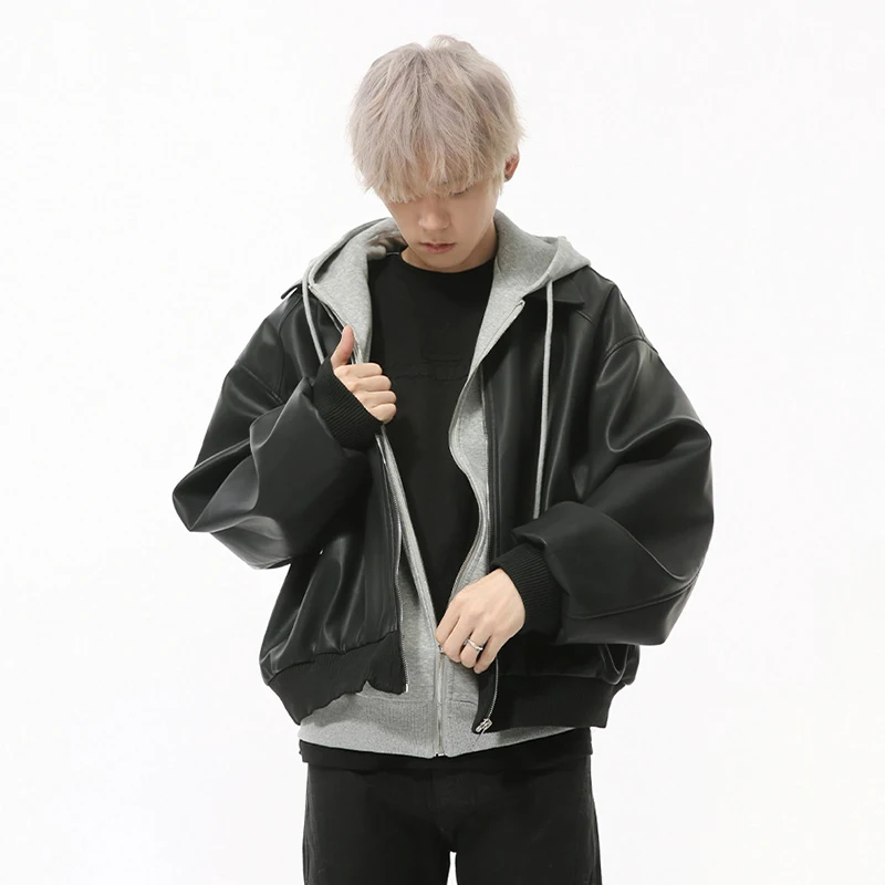 IEFB Niche Design Men's PU Leather Jackets Fake Two-piece Drawstring Hooded Casual Streetwear Contrast Color Male Coats 9C9295