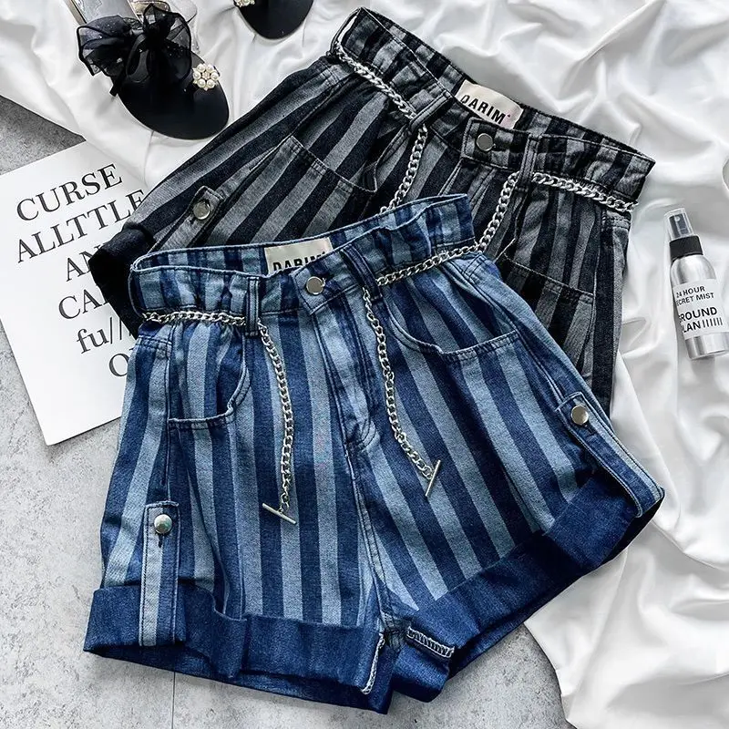 Summer New High Waist Slim A-line Casual Shorts Ladies Vertical Stripes Zipper Denim Pants Fashion Trend Women Clothing