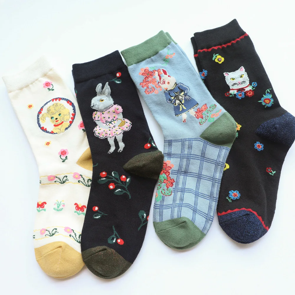 

New Autumn Women Socks Bunny Emboridery Middle Tube Sock In Rabbit Cat Cartoon Boutique Cute Thick Combed Cotton Socksfor Women