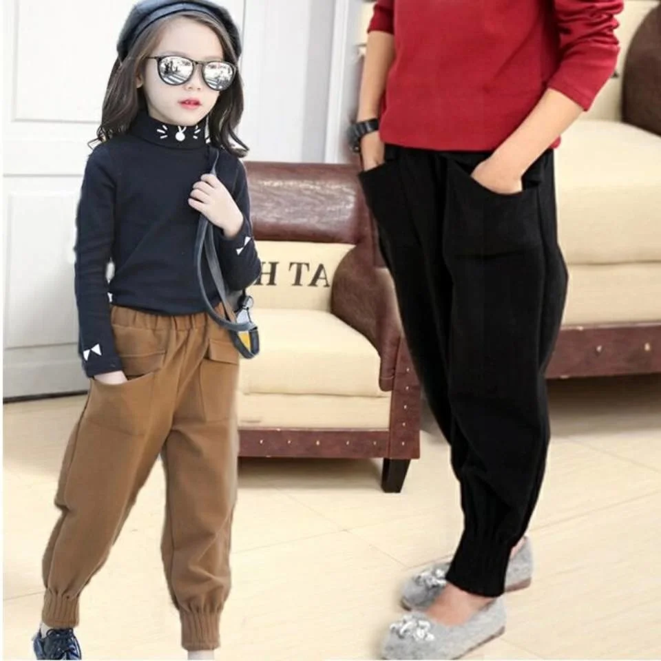 

For 100~150CM Kids Winter Height Girls Plus Velvet Trousers Children Casual Pants For Baby Girl Trouser Girls Solid Color Pants