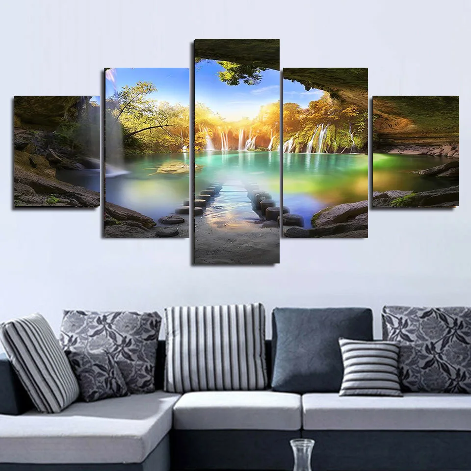 

5 Panels Landscape Scenic Grotto Waterfall Sunlight Canvas Painting Posters and Prints Wall Art Pictures Home Decor No Frame