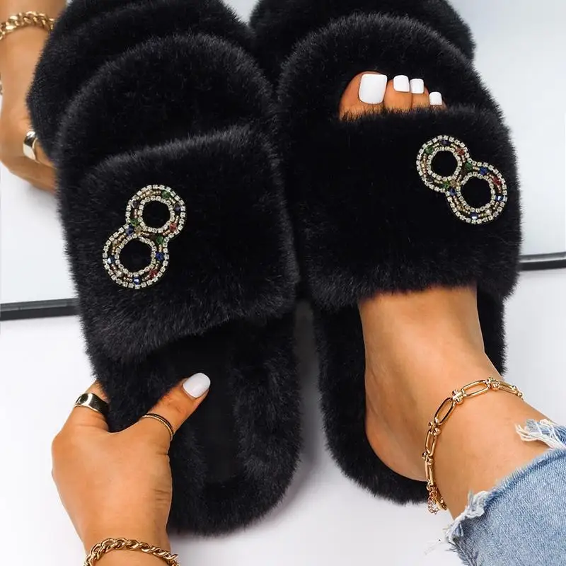 Winter Women Furry Slippers Soft Plush Faux Fur Shoes Indoor Ladies Platform Open Toe Fluffy Fur Slides House Bedroom Shoes