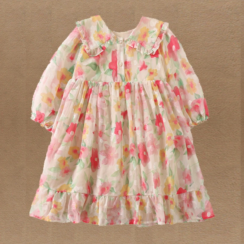 

Dresse for Girls Costumes Young Children Floral Print Chiffon Dress Kids Clothes Long Sleeve Spring Vestidos 6 8 10 12 13 Years