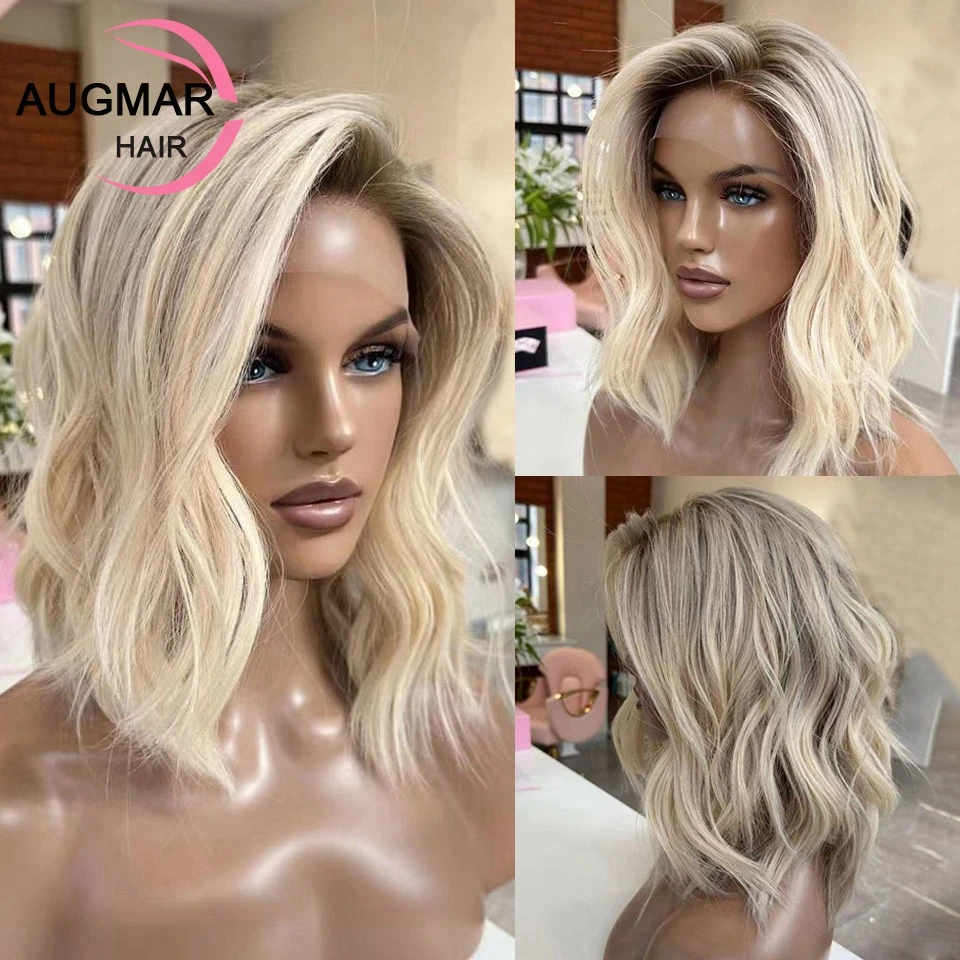 Side Part 13x4 Blonde Lace Front Wig Human Hair Transparent 360 Lace Frontal Wig Short Wavy Highlight Human Hair Wigs For Women