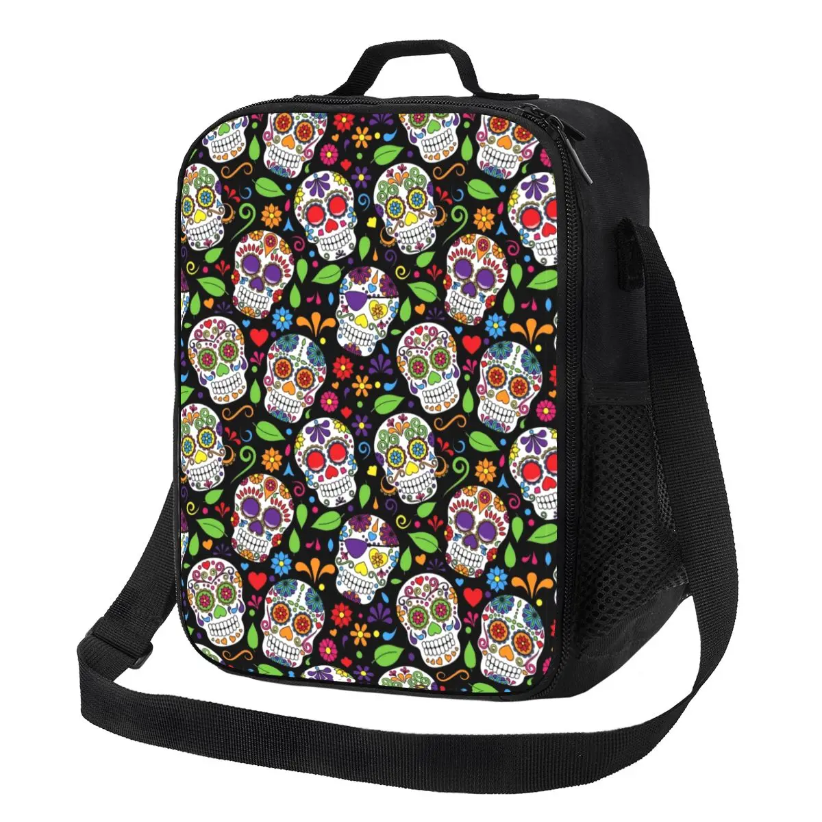 

Sugar Skull Mexican Flower Insulated Lunch Bags Halloween Day Of The Dead Waterproof Thermal Cooler Bento Box Women Children