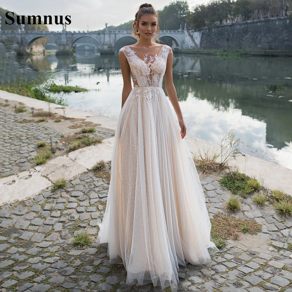 

Sumnus Boho Glitter Tulle Wedding Dress 2022 Lace Appliques A Line Sequined 3D Flower Bridal Gowns Custom Made