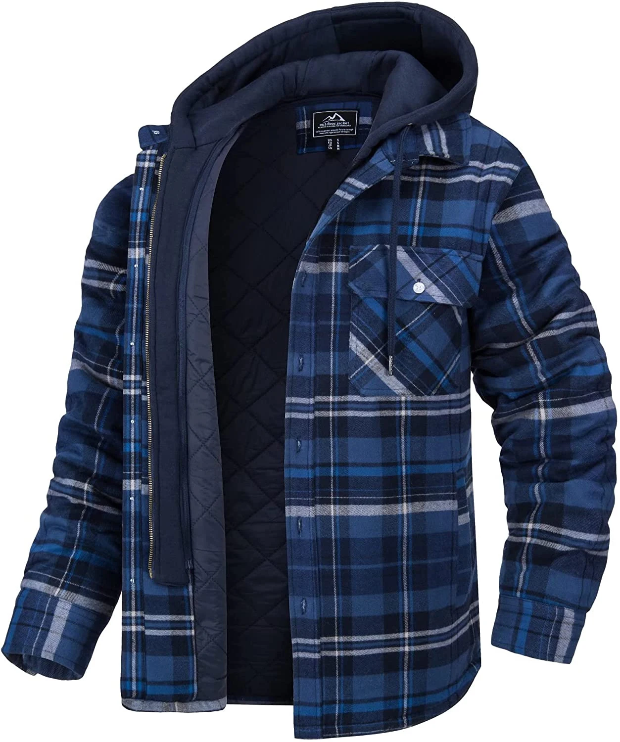 Men's Flannel  Lined Winter Coats Thick Hoodie Outwear Shirt Jacket With Removable Hood Plaid Quilted