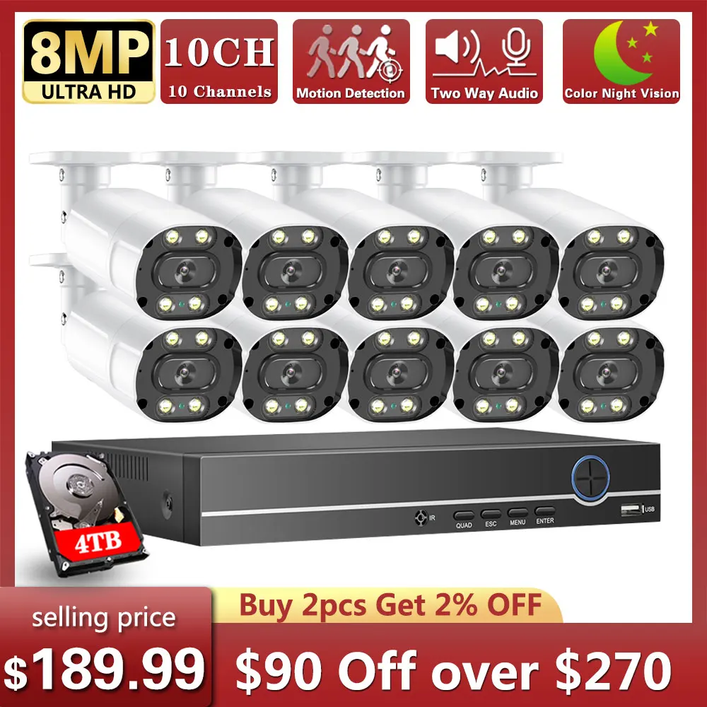 

10CH 8MP Video Security Surveillance 5MP 4K Camera System HumanDete POE NVR Bullet Two Way Audio Recorder Color Night Vision KIt