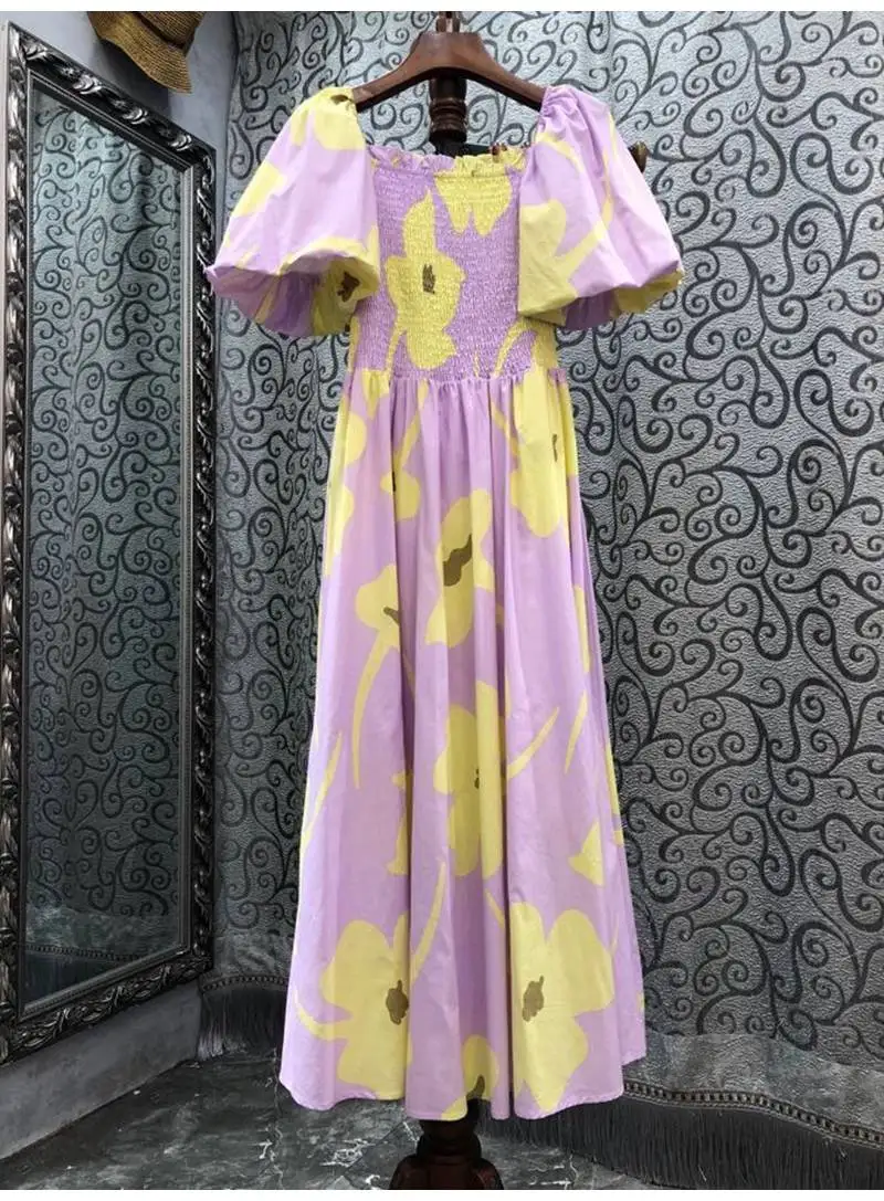 100%Cotton Long Dress 2022 Summer Style Women Sexy Square Collar Yellow Floral Print Puff Sleeve Casual Purple Maxi Dress Casual