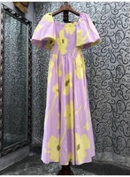 100cotton long dress 2022 summer style women sexy square collar yellow floral print puff sleeve casual purple maxi dress casual