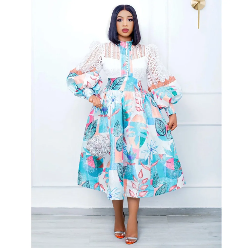 

Elegant Dress 2022 New Print Round Neck Bubble Sleeve Large Medium Waist Temperament Dress Summer