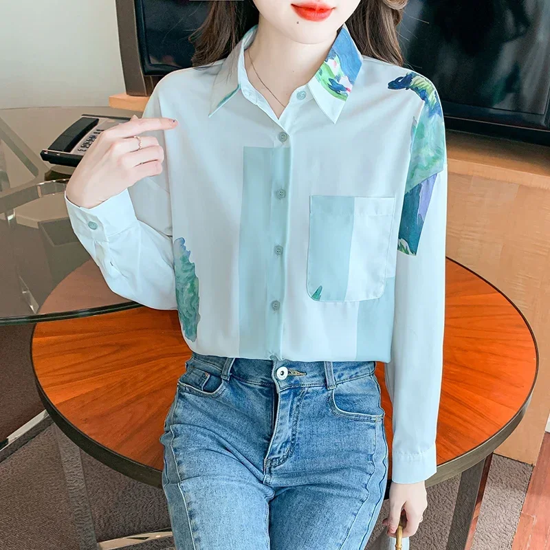 Женская шифоновая блузка с длинным рукавом Свободный Топ отложным воротником и