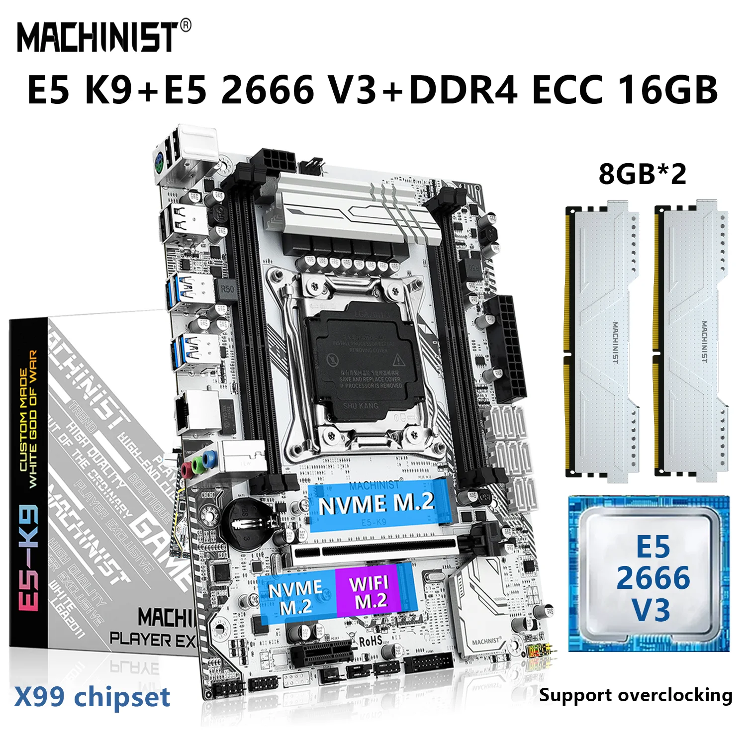 

MACHINIST X99 Motherboard Set Kit Xeon E5 2666 V3 CPU LGA 2011-3 Processor 16G=8Gx2 DDR4 ECC Memory NVME M.2 WIFI USB 3.0 E5 K9