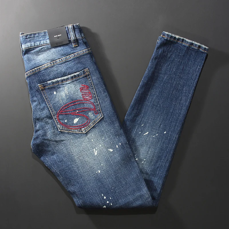 

Italian Style Fashion Men Jeans High Quality Retro Blue Slim Fit Ripped Jeans Men Embroidery Designer Vintage Casual Denim Pants