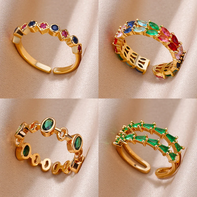 

Stainless Steel Gold Plated Ring Fashion Colored Geometric Zircon Opening Ring 2023 Bohemia Wedding Jewelry Gift anillos mujer