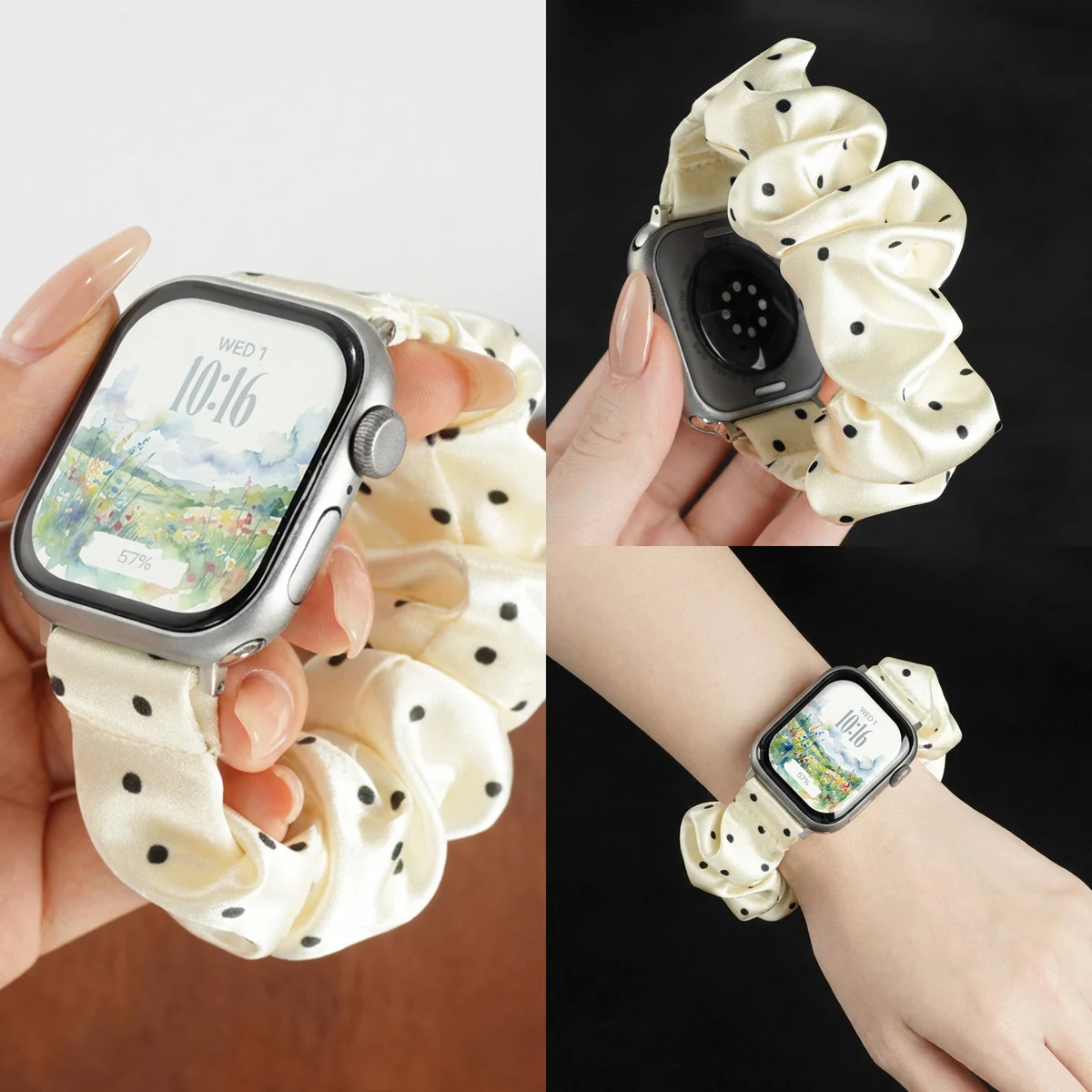 Фото Стильный ремешок-скранчи из пряжи для Apple Watch Series: женский, в горошек, в стиле пряжи, милый, большой, для iWatch №5