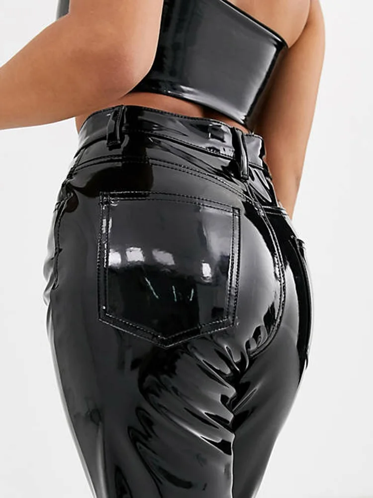 Women High Waist Patent Leather Pencil Pants Faux Latex Leggings PVC Slim Bodycon Trousers Ladies Nightclub Wear Custom 2023 New