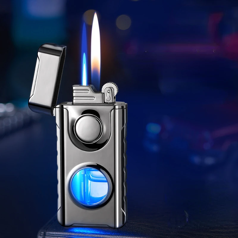 

New Double Fire Torch Lighter See-through Transom with Blue Light Gas Lighters
