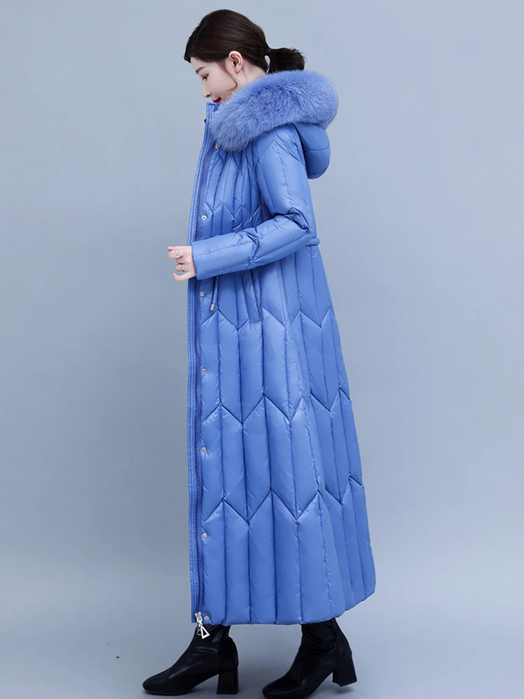 New Women Winter Thicken Keep Warm Down Doat Fashion Real Fox Fur Collar Lengthened Dress-style Down Jacket Slim Hooded Overcoat