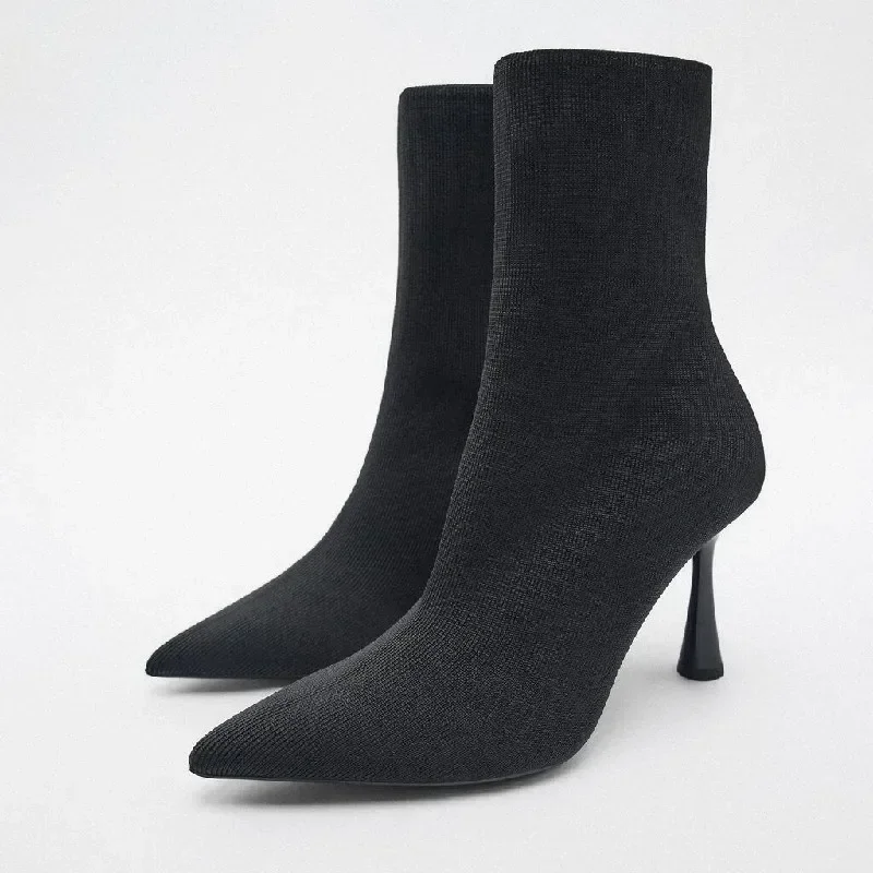 

Spring Knitting Women Sock Boots Pointed Toe High Heel Women Boots Simple Slim Ankle Boots For Women Winter Slip On Shoes.