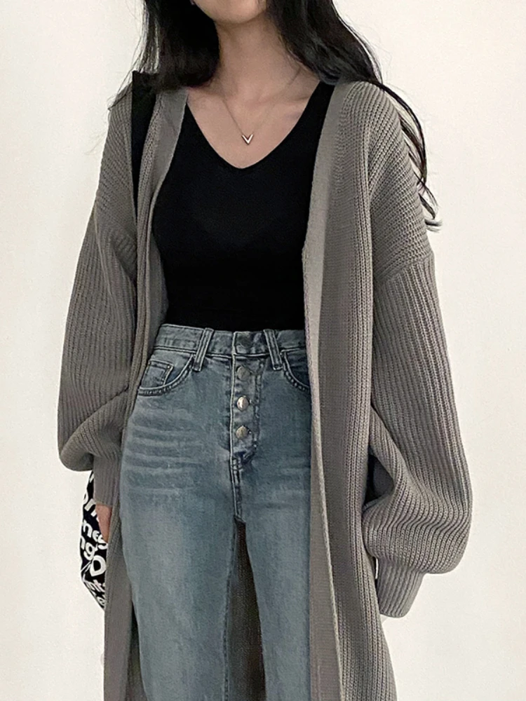 

Однотонные свитера в ленивом стиле, универсальный вязаный кардиган с рукавами-фонариками и длинным рукавом, Простой повседневный свободны...