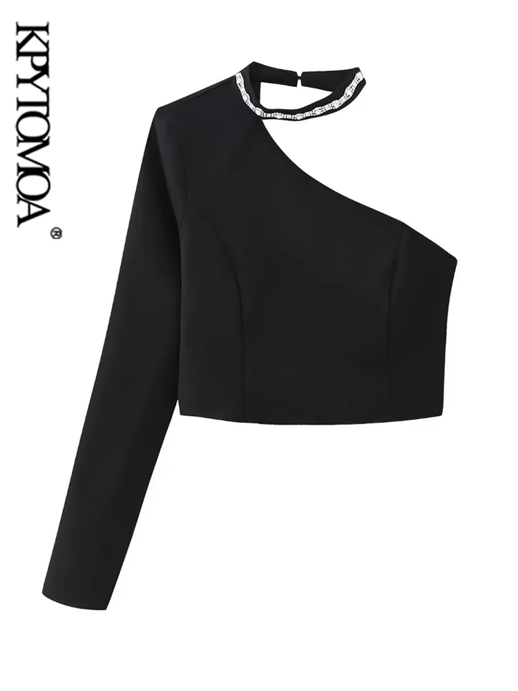 

KPYTOMOA Женская модная Асимметричная блузка с бисером, винтажная женская рубашка с длинным рукавом и боковой молнией, шикарные топы